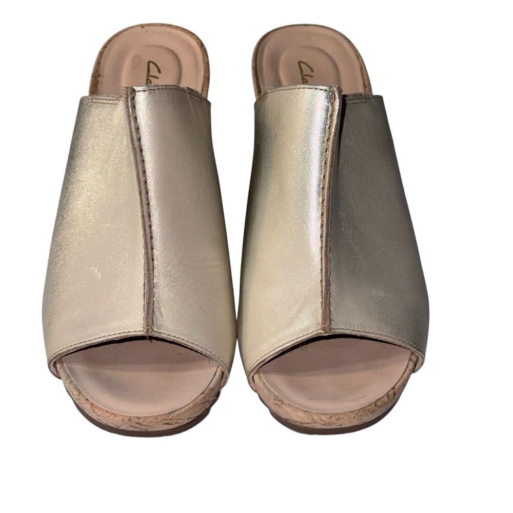 Clarks Collection Leather‎ Cork Wedge Champagne Metallic Size 9 1/2 Wide